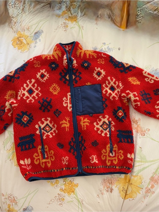 MOTHER Jackets & Blazers - MOTHER Red Patterned Teddy Jacket with Navy Trim
